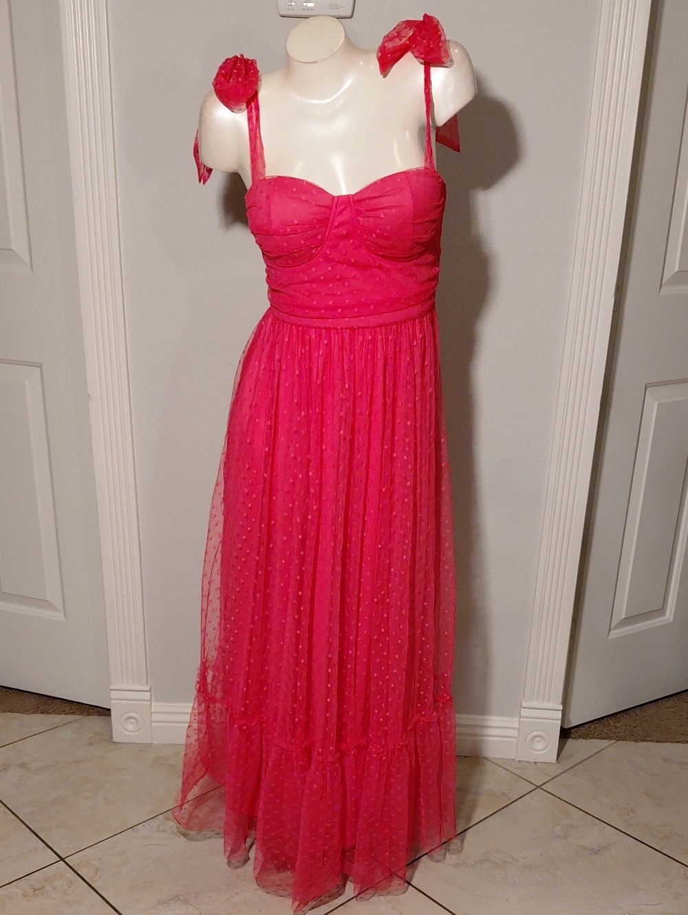 Fuchsia Tie-Shoulder Mesh Maxi Dress